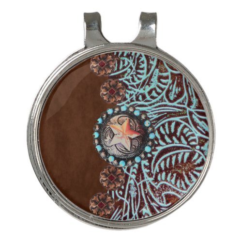 brown turquoise western country leather pattern golf hat clip