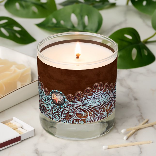 brown turquoise western country leather pattern scented candle (Lit)