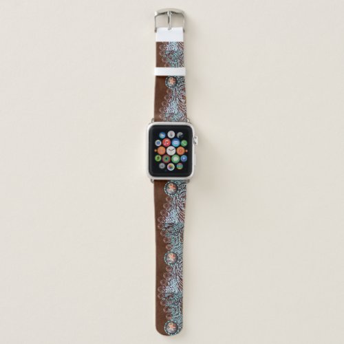 brown turquoise western country tooled leather apple watch band