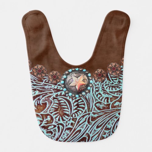 brown turquoise western country tooled leather baby bib