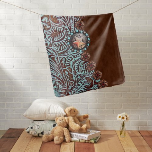 brown turquoise western country tooled leather baby blanket