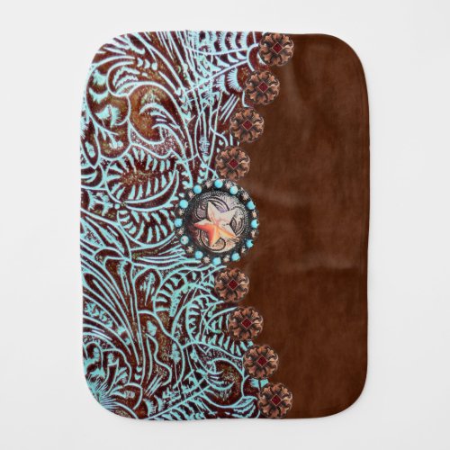 brown turquoise western country tooled leather baby burp cloth