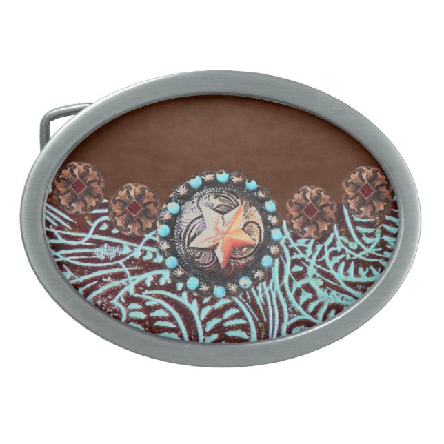 brown turquoise western country tooled leather belt buckle (Front)