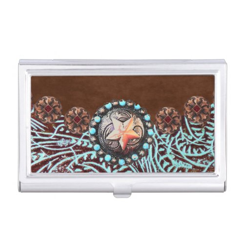 brown turquoise western country tooled leather business card case
