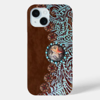 brown turquoise western country tooled leather