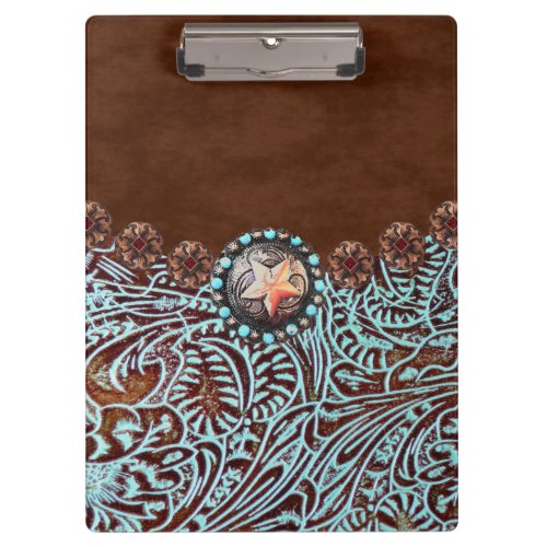 brown turquoise western country tooled leather clipboard