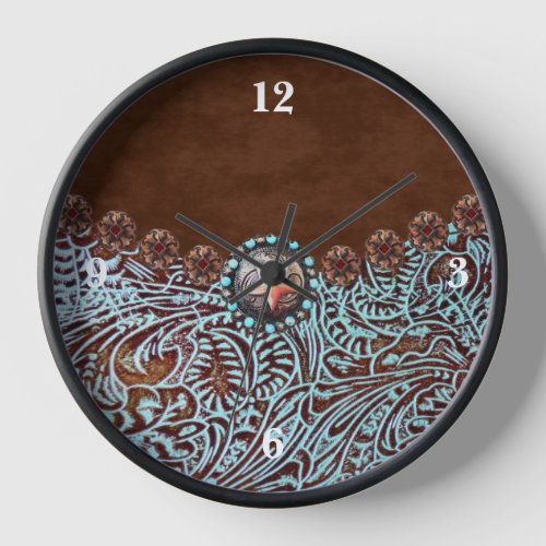 brown turquoise western country tooled leather clock