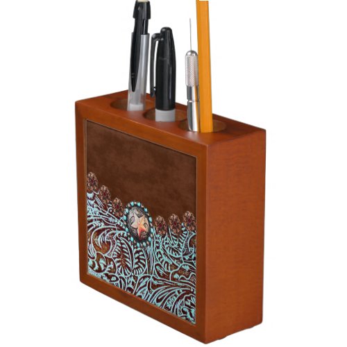 brown turquoise western country tooled leather desk organizer