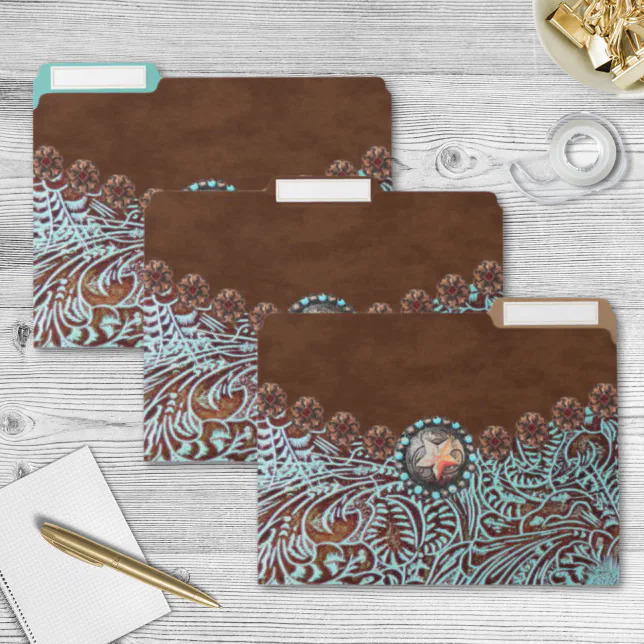brown turquoise western country tooled leather file folder | Zazzle