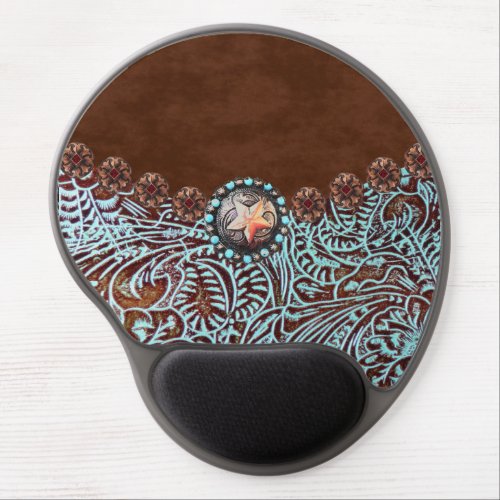 brown turquoise western country tooled leather gel mouse pad