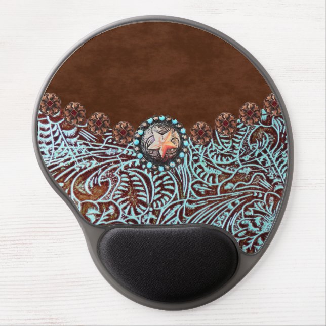 brown turquoise western country tooled leather gel mouse pad (Front)