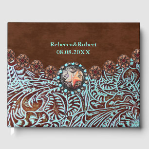 brown turquoise western country tooled leather guest book