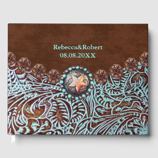 brown turquoise western country tooled leather guest book