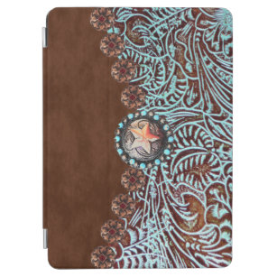 brown turquoise western country tooled leather iPad air cover