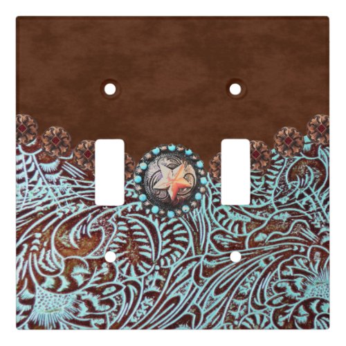brown turquoise western country tooled leather light switch cover