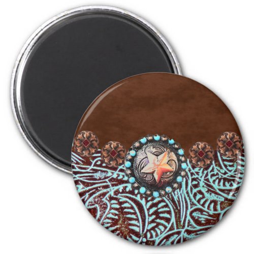 brown turquoise western country tooled leather magnet