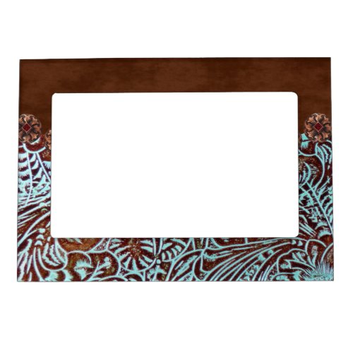 brown turquoise western country tooled leather magnetic frame