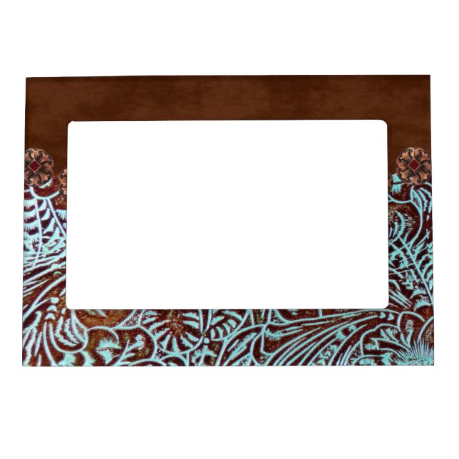 brown turquoise western country tooled leather magnetic frame (Front)