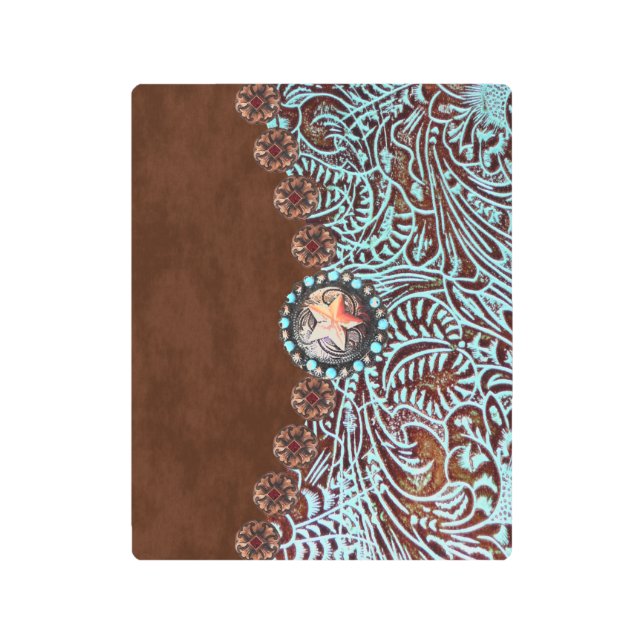brown turquoise western country tooled leather metal print (Front)