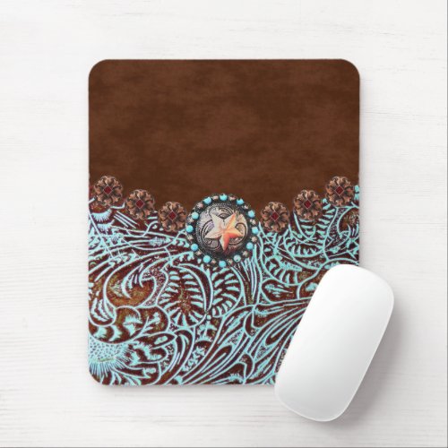 brown turquoise western country tooled leather mouse pad