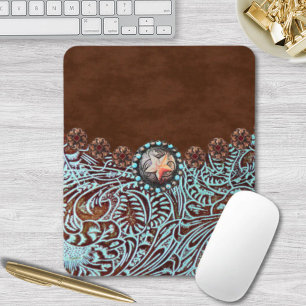 brown turquoise western country tooled leather mouse pad