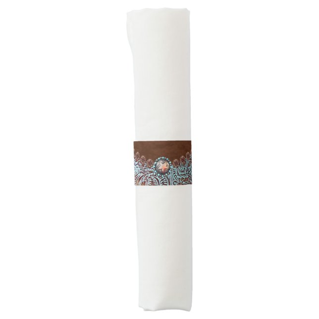 brown turquoise western country tooled leather napkin bands (Front)