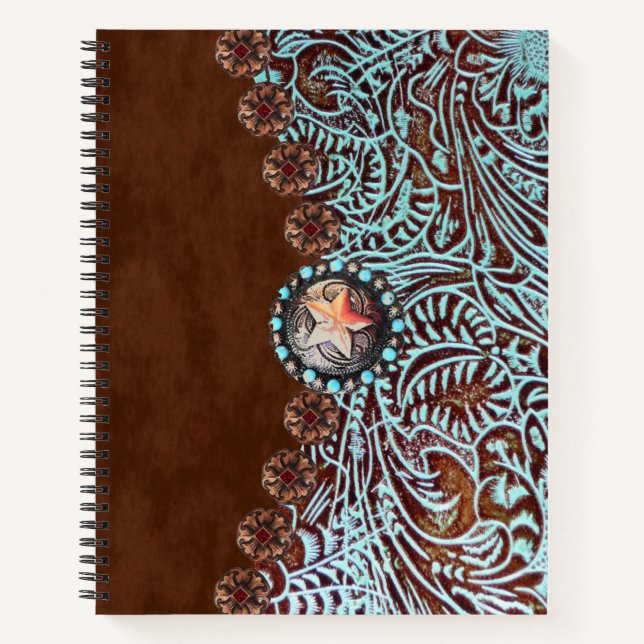 brown turquoise western country tooled leather notebook (Front)