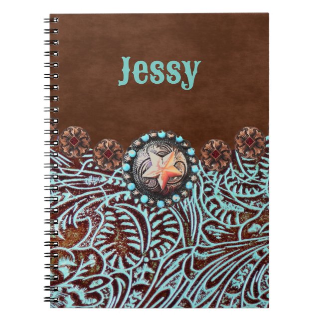 brown turquoise western country tooled leather notebook (Front)