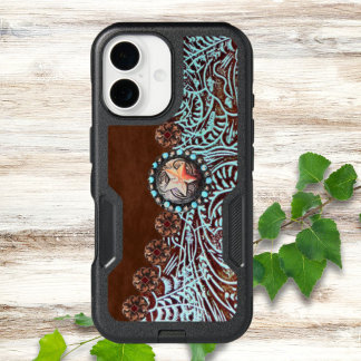brown turquoise western country tooled leather OtterBox iPhone 14 case