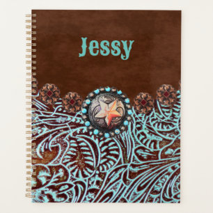 brown turquoise western country tooled leather planner