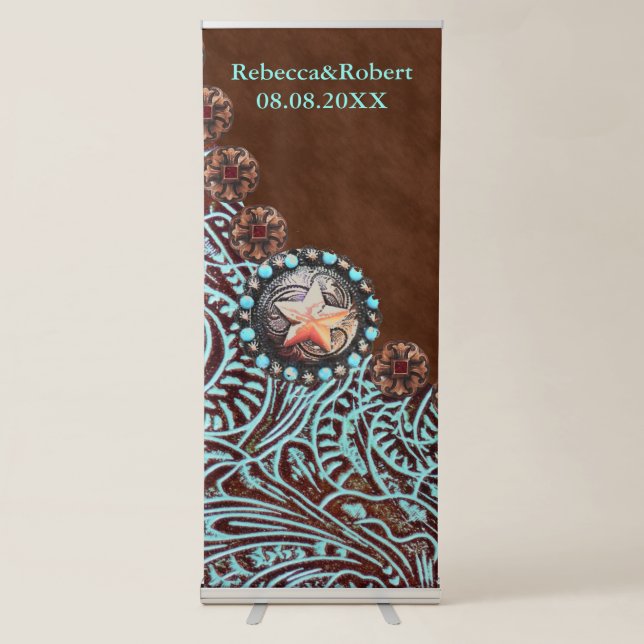 brown turquoise western country tooled leather retractable banner (Front)