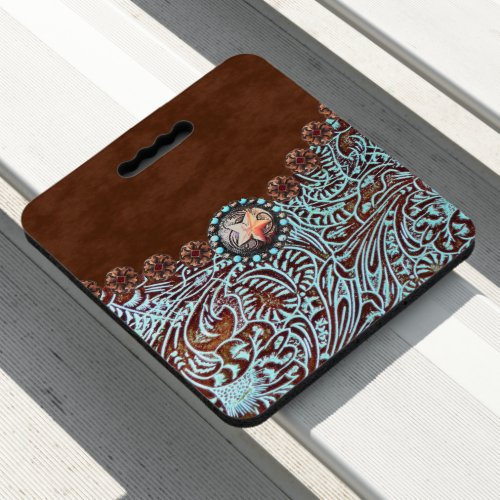 brown turquoise western country tooled leather seat cushion