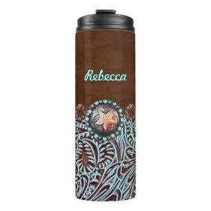 brown turquoise western country tooled leather thermal tumbler