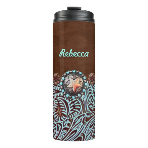 brown turquoise western country tooled leather thermal tumbler