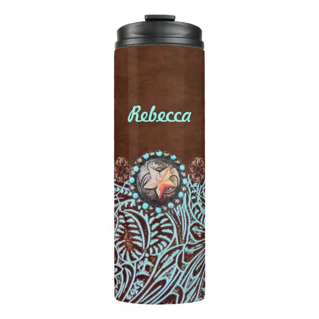 brown turquoise western country tooled leather thermal tumbler (Front)