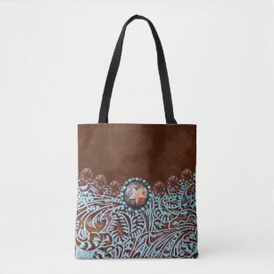 brown turquoise western country tooled leather tote bag