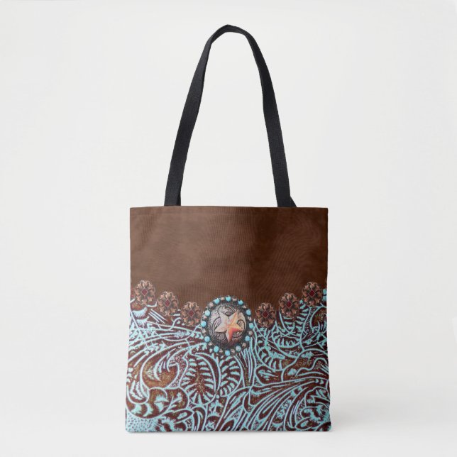 brown turquoise western country tooled leather tote bag (Front)