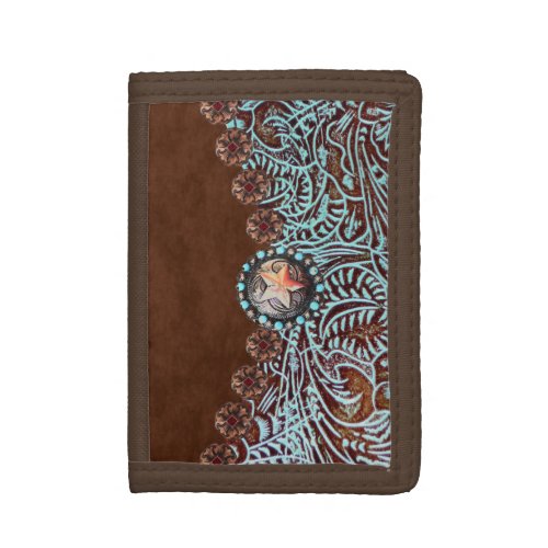 brown turquoise western country tooled leather trifold wallet
