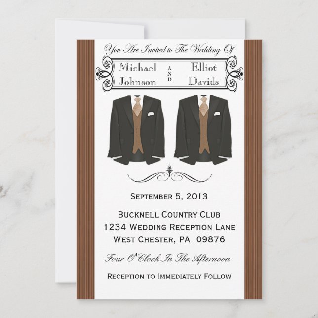 Brown Tuxedo Gay Wedding Invitations (Front)