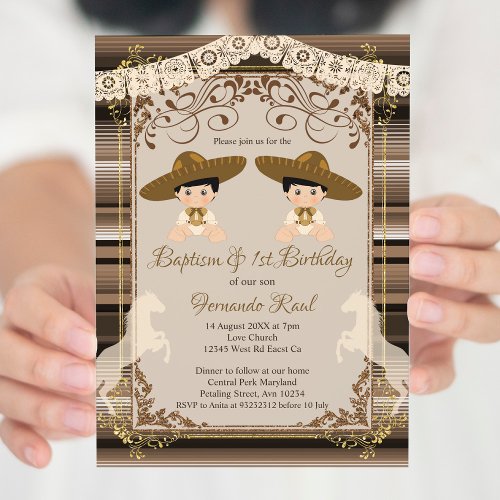 Brown Twins Fiesta Baptism and First Birthday Boy Invitation