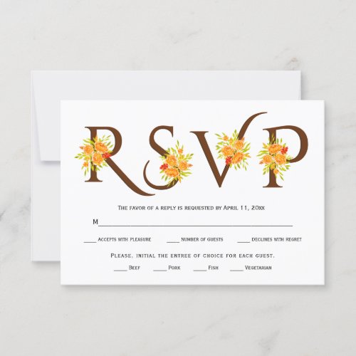 Brown typography orange roses wedding RSVP card