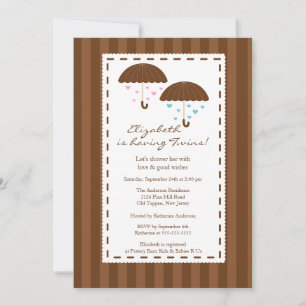 Brown Umbrella Twins Baby Shower Invitation