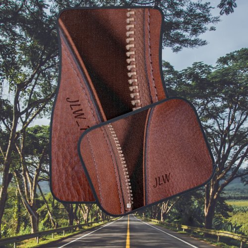 Brown Unzipped Faux Leather and Satin Personalized Car Floor Mat