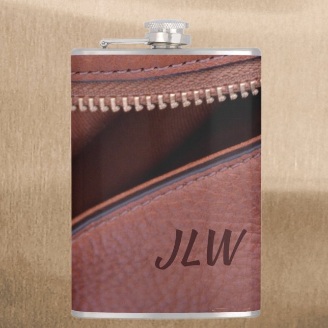 Brown Unzipped faux Leather Initials Photographic Flask (Creator Uploaded)