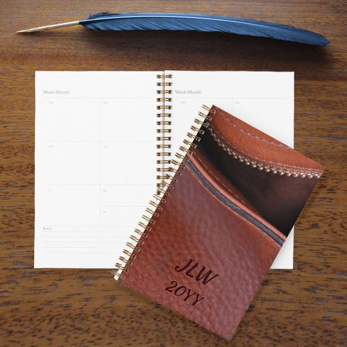 Brown Unzipped faux Leather with Initials Planner