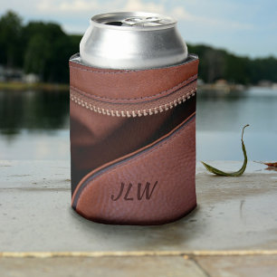 Brown Unzipped Leather with Initials Customizable Can Cooler