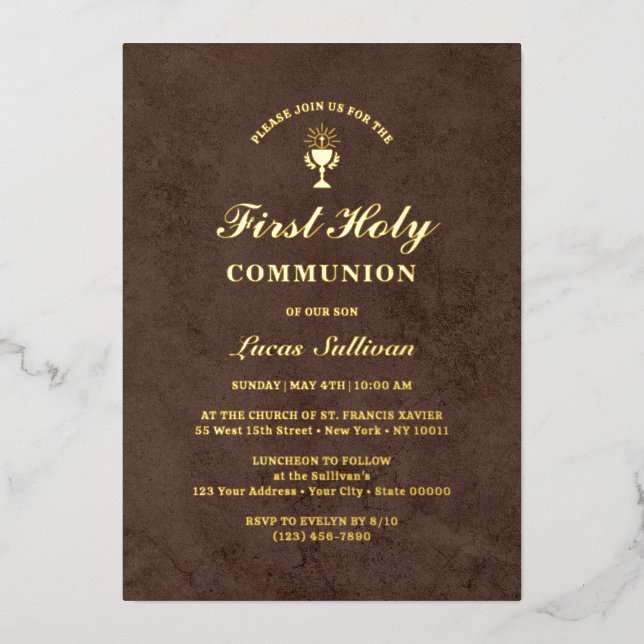 Brown Velvet Marble First Communion Foil Invitation (Front)