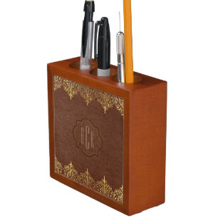 Brown Vintage Aged Leather With Gold Lace Pencil/Pen Holder