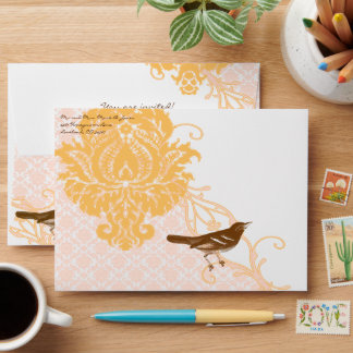 Brown Vintage Bird Coral and Pink Wedding Envelope
