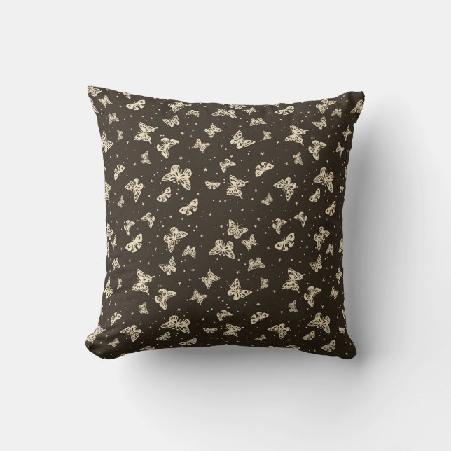 Brown vintage butterfly motif pattern throw pillow (Front)